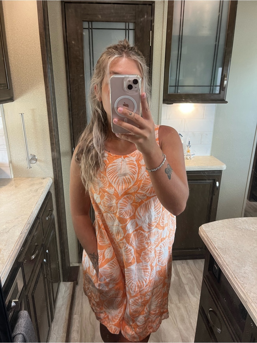 Tahari Orange and White Linen Printed Top